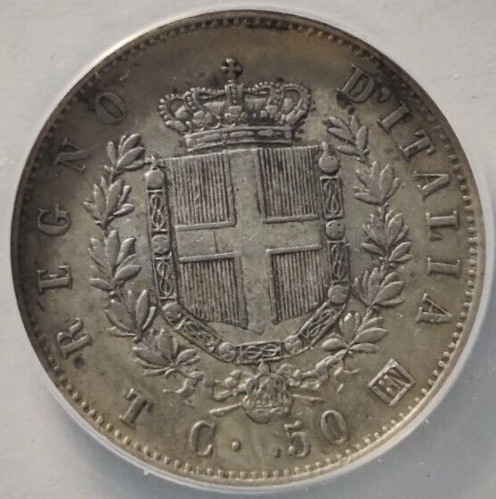 1863T BN Italy 50 Centesimi 50c Shield Reverse Silver Coin ANACS AU58 Details 1A - Image 4 of 4
