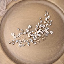 Gold Flower Girls Headpiece Hair Comb Pearl Crystal Rhinestones Party