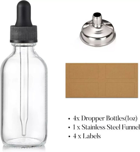 4 Pack 1 oz Empty Glass Eye Dropper Bottles with Black Caps for Essential Oils - Picture 2 of 9