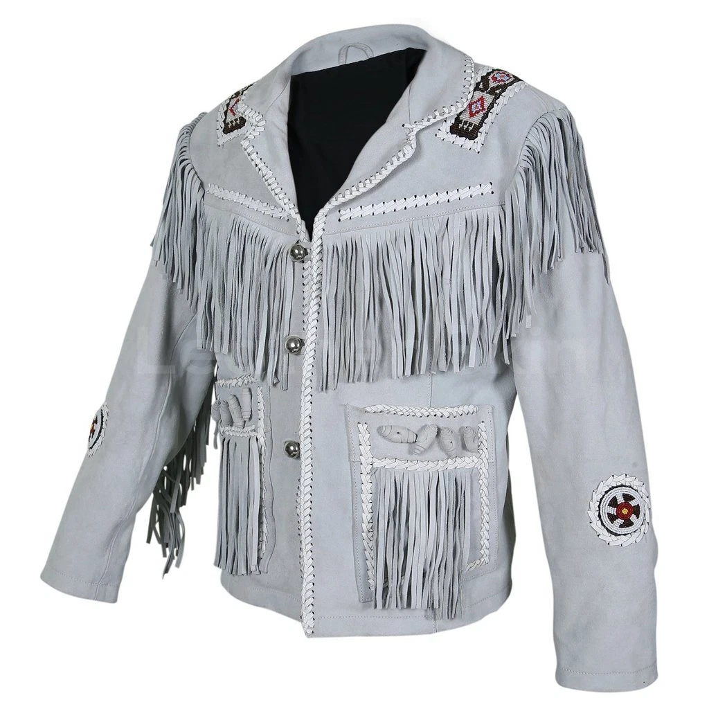 American western cowboy leather jackets for men' Fringe & Beaded Grey Colour