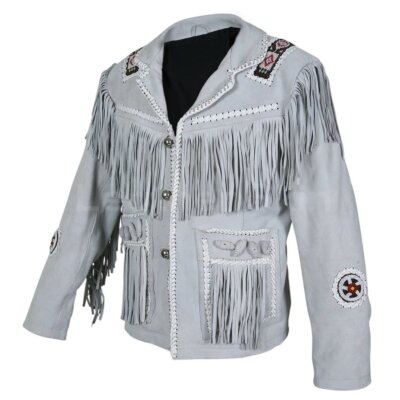 American western cowboy leather jackets for men' Fringe & Beaded Grey Colour