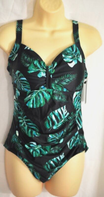 women's Tempt Me green leaf print one piece swim suit size large ruching