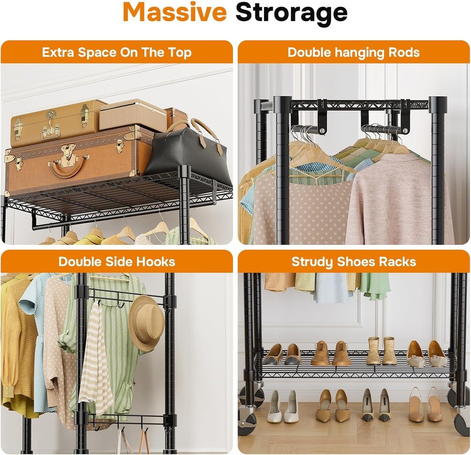 Tribesigns Double Rod Closet Organizer, Free Standing 3 Tiers Shelves Clothes Garment Racks Clothing Rod Closet Room Tribesigns Double Fre