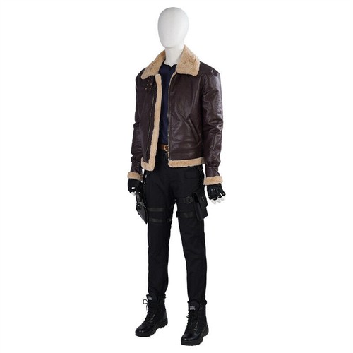 Brown leather jacket with beige shearling collar and cuffs, black tactical pants, gloves, and black boots on white mannequin.