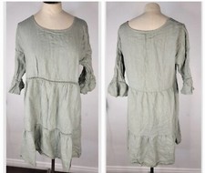 LUNGO L'ARNO SZ L Dress 100 Linen Shift Lace 3/4 Sleeves Green Lagenlook