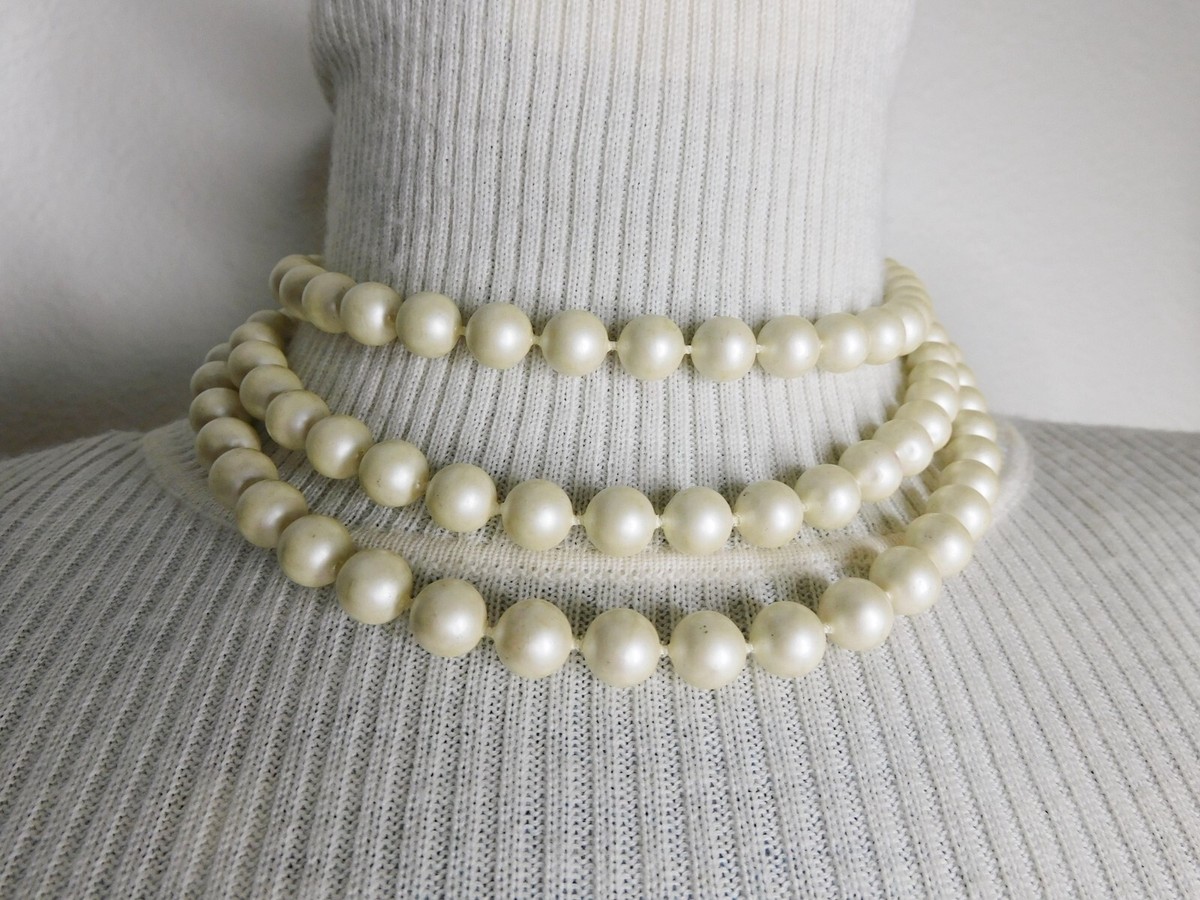 Vintage Faux Pearl Necklace Three Strand GENO Ornate Gold Clasp 16