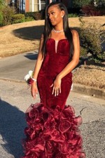 - STRAPLESS BURGUNDY VELVET PROM DRESS W/ ORGANZA RUFFLED SKIRT