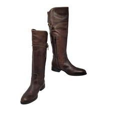 Vintage Womens Brown Leather Knee High Boots Sz 7.5 Equestrian Stitching Buckle