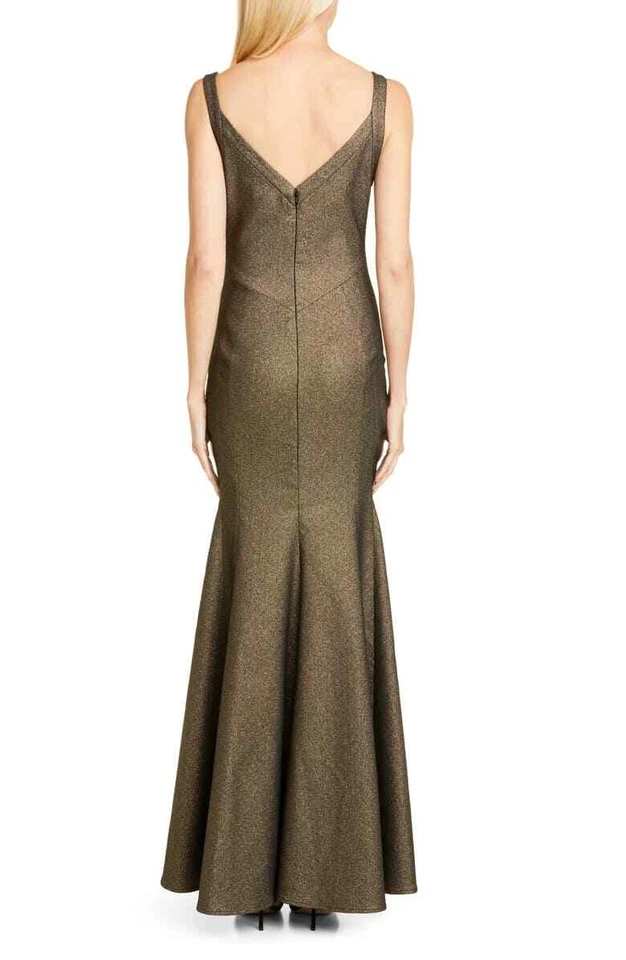 Maxi Vestido ZAC POSEN Negro Dorado Tejido Metálico Cuello en V Trompeta Sirena 14 EE. UU. Foto 2 de 4