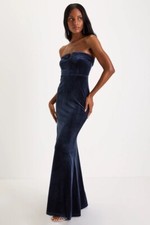 Lulu's NWT Definite Drama Midnight Blue Velvet Strapless Maxi Dress - X Large