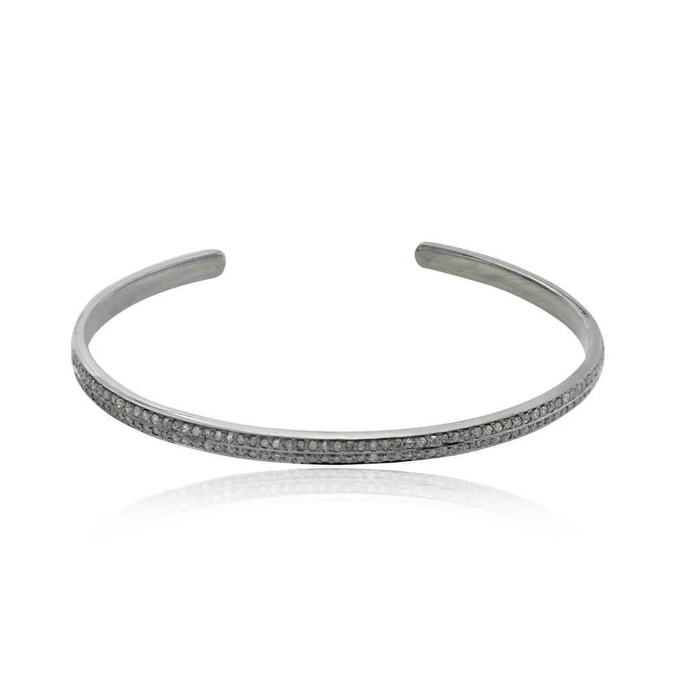 925 Sterling Silver Natural Diamond Cuff Bangle Bracelet Handmade Pave  Jewelry - Image 2 of 4