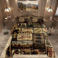 Rustic Cabin Comforter Set Queen Size, Wildlife Hunting Quilt Set Bear Deer Elk