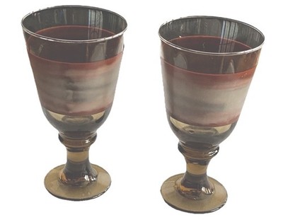 Smoky Brown Abstract Design Stemmed Drinking Glass Set of 2 By Libbey Vintage