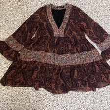 Zara Woman Boho Paisley Mini Dress Medium Brown Chiffon Lined Great Condition