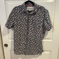 Navy blue floral short sleeve button-up shirt