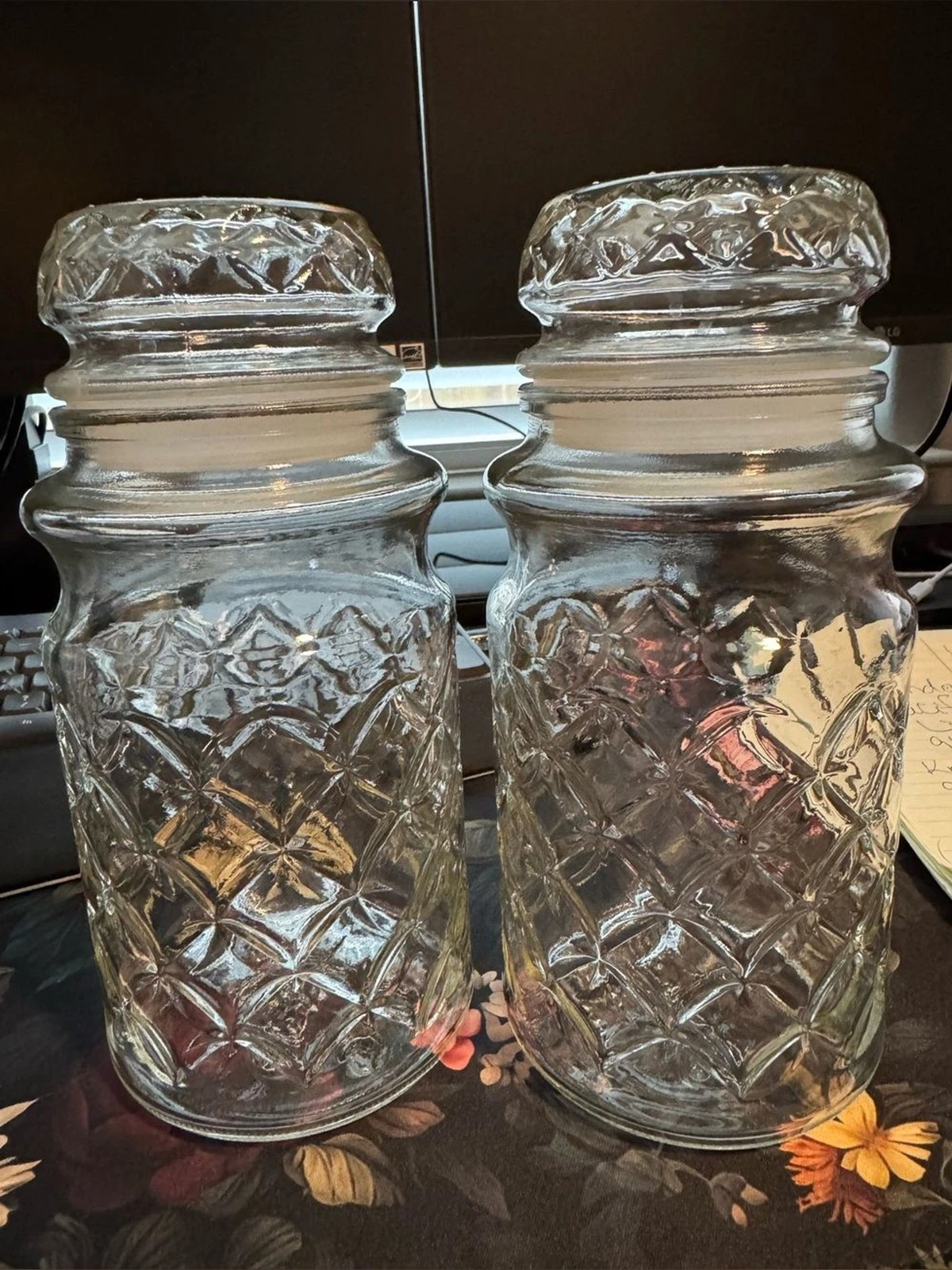 Vintage 1984 Planters Mr Peanut Glass Jar Pair Diamond Cut Canister Set