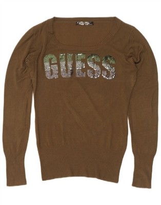 Guess Damen Grafik U-Boot-Ausschnitt Pullover Pulli UK 14 Large Khaki Viskose EB41