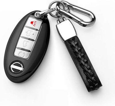 Compatible Key Fob Cover with Leather Keychain Soft TPU Protctio Color: Black