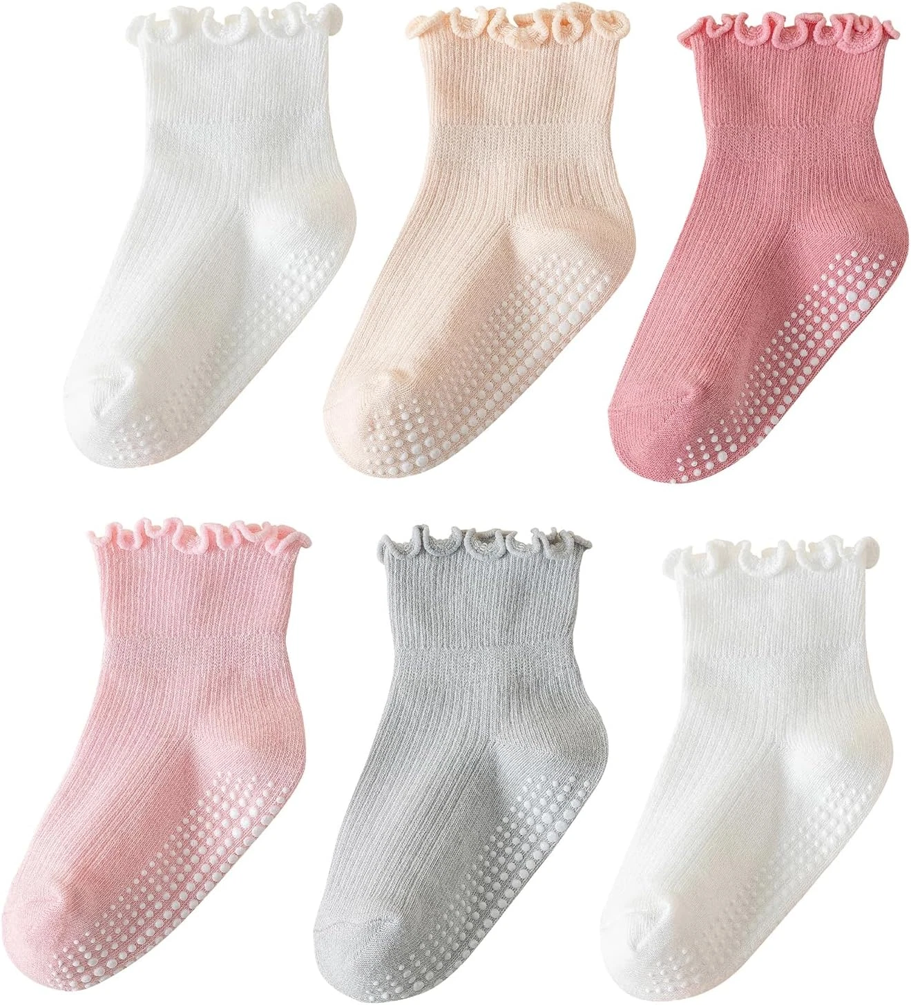 ANYANIME 6 Pairs Toddler Ruffle Socks for Girls Baby Grip Socks Non Slip Socks C