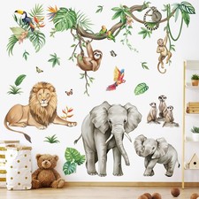 Large Jungle Animals Tree Branch Wall Stickers Safari Monkey Elephant Lion Pe...