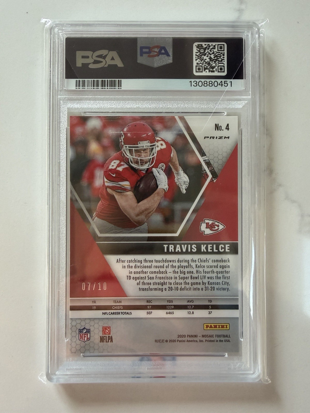 Panini 2020 Mosaic Travis Kelce No Huddle Gold Prizm /10 #4 Chiefs PSA 9 view 2