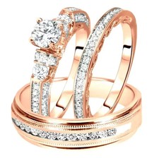 Round Cut Lab Created Diamond Trio Wedding Ring Set 3Ct 14K Two-Tone Gold Over