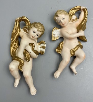 Vintage Cherub Angel Wall Plaques Set of 2 Cream Ivory Ardco Japan Cherubs 6''