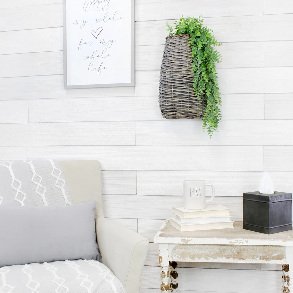 Wall Hanging Pocket Basket; Gray Woven Wicker Rustic Farmhouse Long 17" - Image 2 of 4