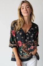 Natural Life Maribel Peasant Sleeve Top Black Daisy Mushroom Boho Blouse S NWT