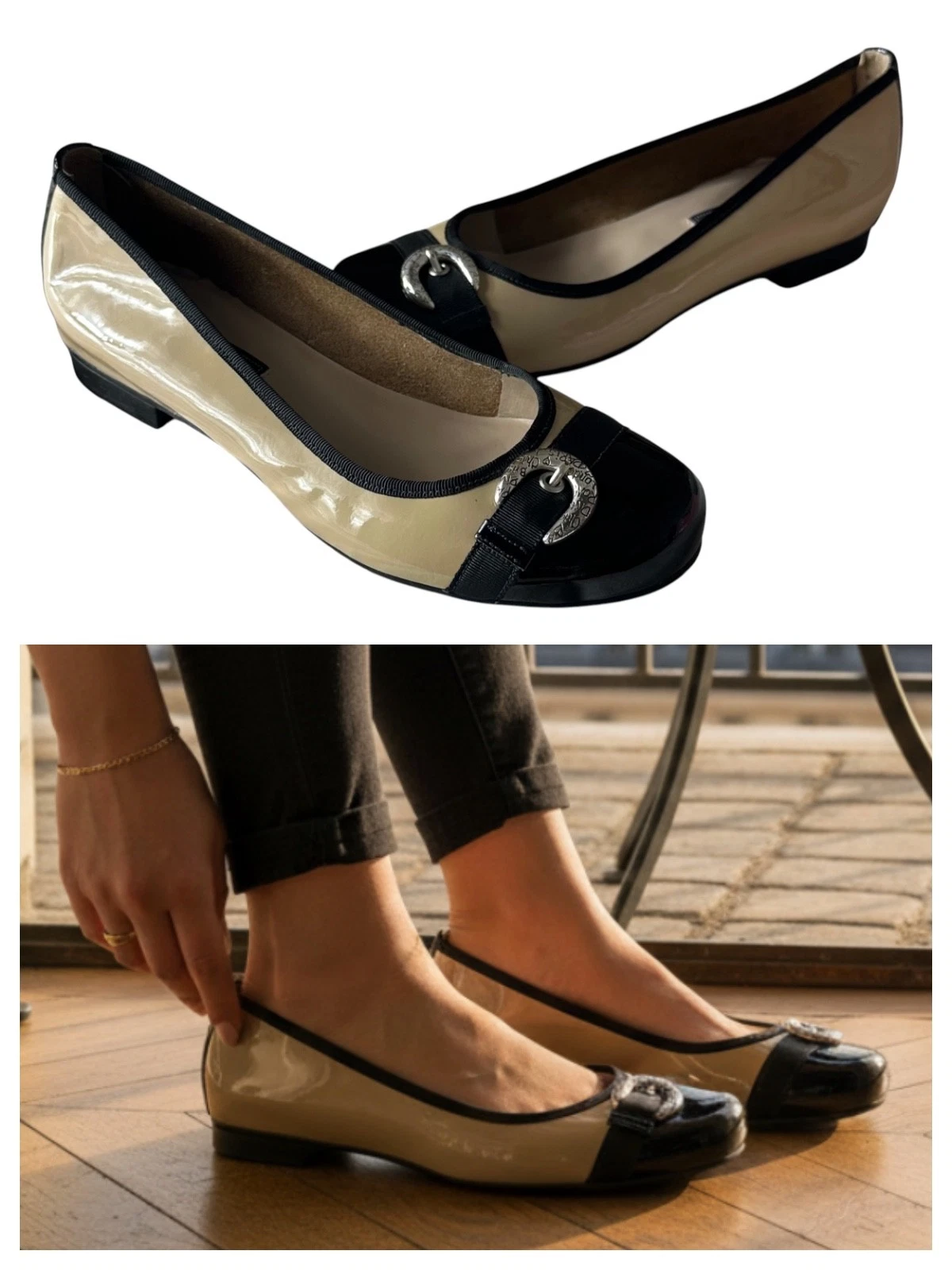 Brighton Baby Ballet Flats Womens Sz 8 Tan Black Two Tone Patent Leather CHIC
