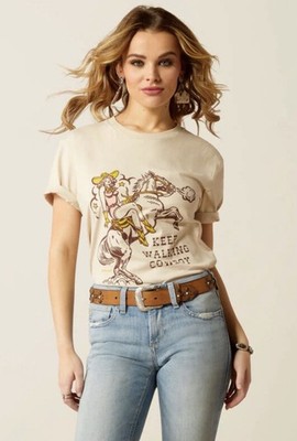 Ariat Women's Keep Walking Cowboy Graphic Boyfriend Fit Beige T-Shirt Size M