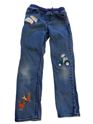 Mini Boden Boys Denim Jeans With Farm Animal Patches & Tractor Design Size 8 - Picture 2 of 8