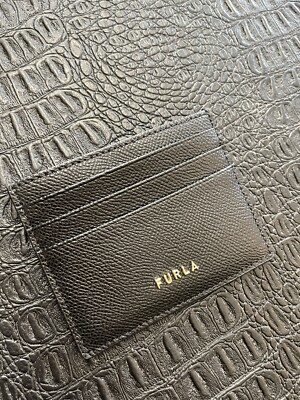 Furla Black Leather Card Case Holder -Gold Color Emblem