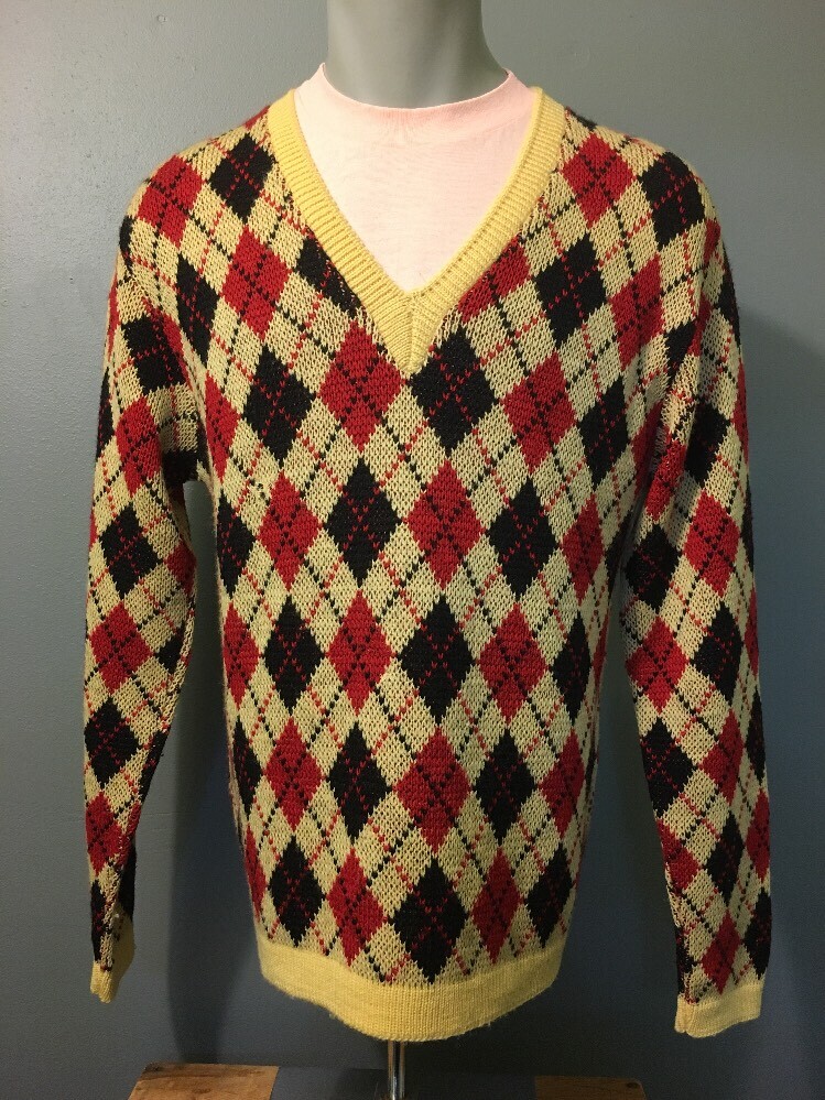 Vtg Knit Wool Argyle Diamond V-Neck Golf Sweater Mens M-L Rockabilly VLV  Grandpa