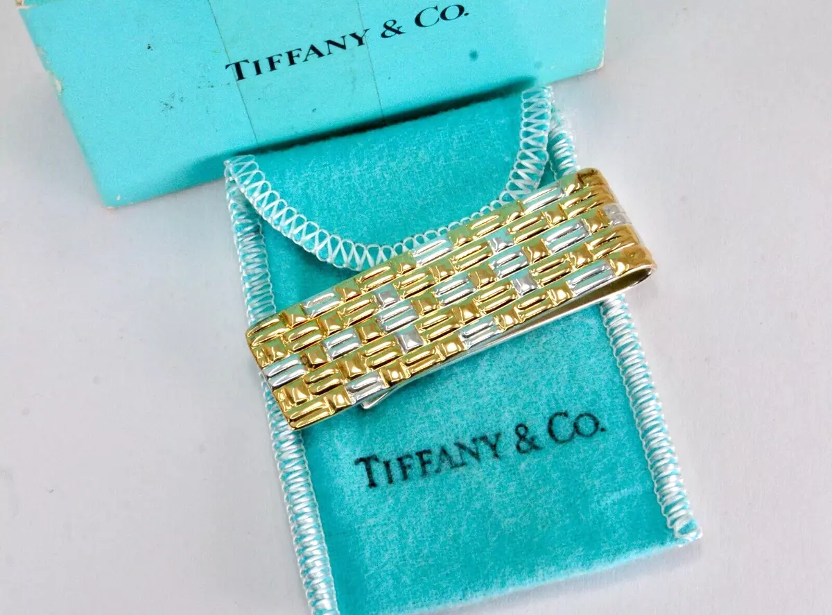 Tiffany & Co 952 kt Silver 18K Gold Money Clip Textured Weave Holder