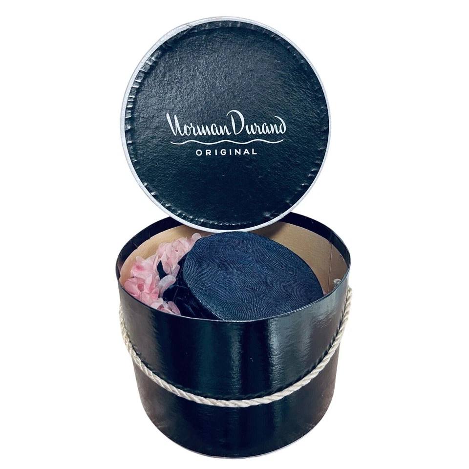 VTG Womens NORMAN DURAND ORIGINAL Bucket Hat + Box Blue Straw Pink Flowers 50s - Image 2 of 4