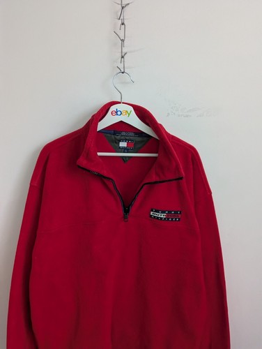 Tommy Hilfiger Outdoors Jumper Mens Size L Red Sherpa Fleece 90s 1/4 Zip - Picture 2 of 11