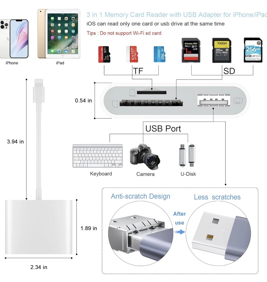 3 in 1 Card Camera Reader and USB Camera Adapter Open Box - A0023 - Image 2 of 4