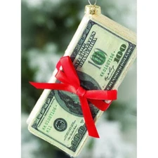 Money US Dollar Brick Strap $100 Bill Glitter Glass Ornament 6" Christmas Decor