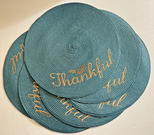 6x Round Teal Blue Woven Placemats Thankful Stitched Pattern 14"
