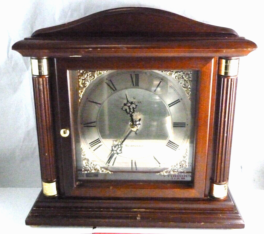 Bulova Westminster Quartz Bramley II Chiming Mantel Clock Walnut Wood