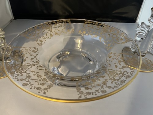 3 pc Elegant Glastonbury Lotus Glass W/ Gold Rose bud Art Deco Style Centerpiece - Picture 5 of 24