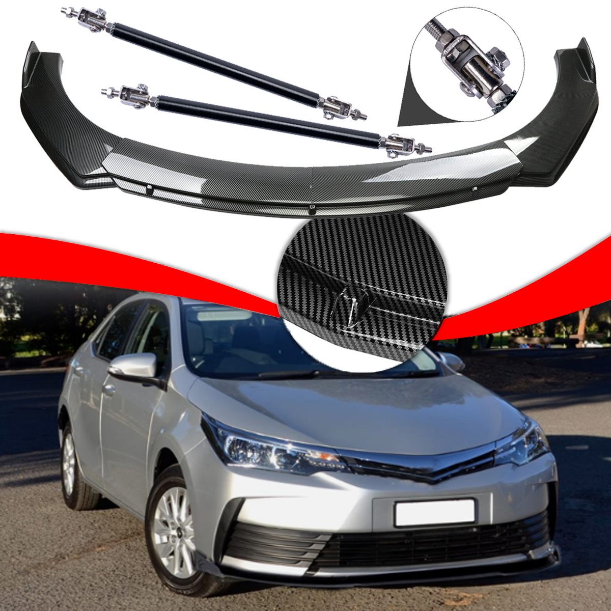 Toyota Corolla Carbon Fiber Front Bumper Lip Spoiler with Strut Rods