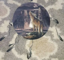 Large Hidden NATIVE AMERICAN INDIAN WOLF DREAM CATCHER Feathers Black Velvet