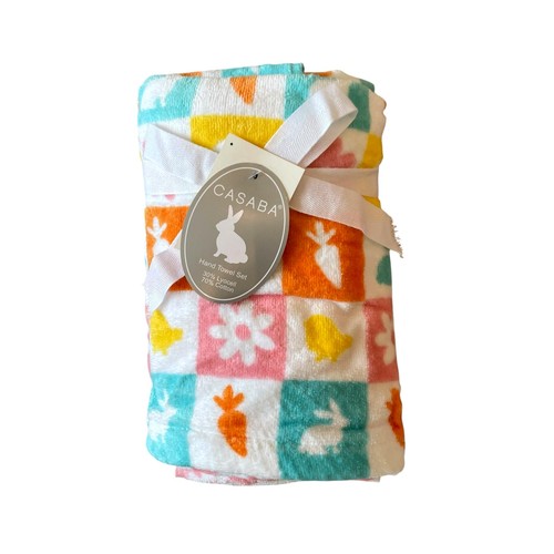 Set of 2 Casaba Easter Bath Hand Towels Multicolor Bunnies Carrots Chicks NEW - Picture 1 of 13