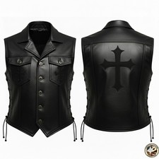 Handcrafted Leather Biker Vest with Embroidered Cross Design