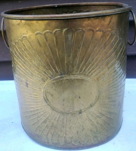 Vintage Embossed Brass Metal Wastebasket Trash can round Handles sunburst India
