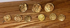Set Of 9 Vintage U.S. Military Brass Buttons With Eagle Emblem Design And Metal