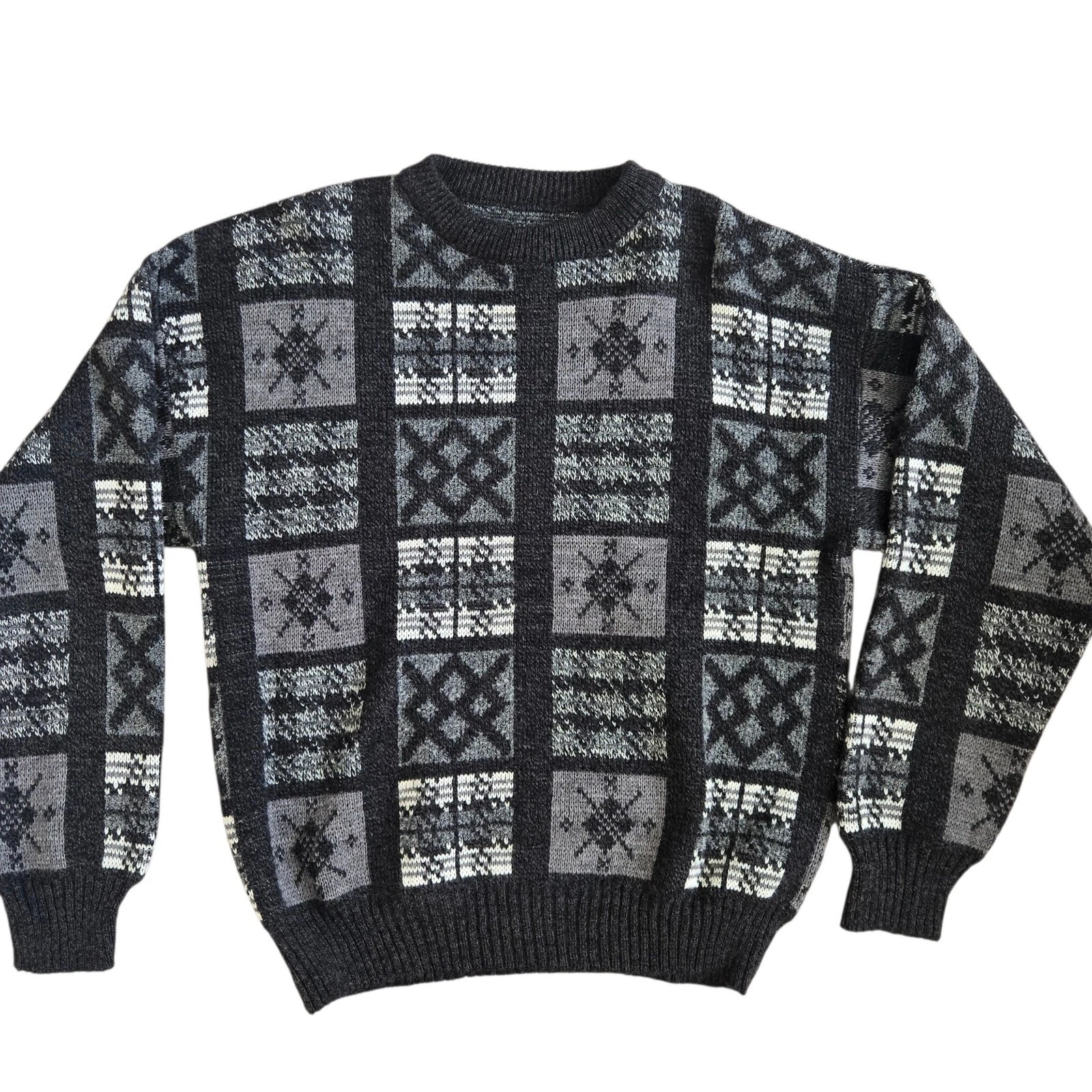 Vintage Indie Grunge Men Sweater Wool Italy Fair Isle Geometric Black Large