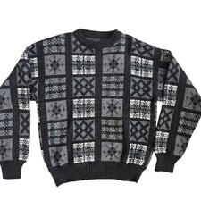 Vintage Indie Grunge Men Sweater Wool Italy Fair Isle Geometric Black Large